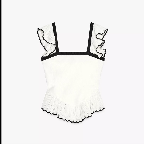 NWT Zara Women’s Contrast Ruffle Top in white with black trim, sz M - Picture 3 of 16